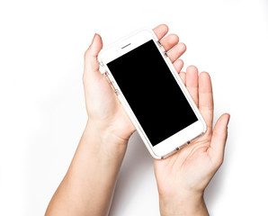 female hands holding a mobile phone isolated on white background