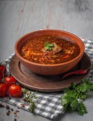 spicy tomato soup with meat and red pepper close-up in a terracotta ceramic plate with cherry tomatoes on a gray texture concrete background