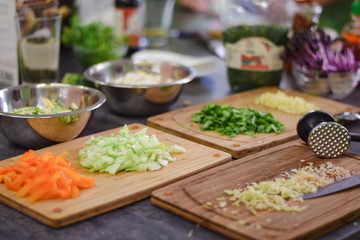 Cooking course, chopping vegetables close up