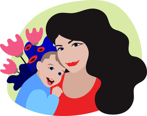 Portrait of brunette woman and her baby with flowers. Flat design. Vector.