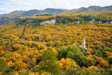Vue panoramique sur le foret automnal dans le parc national de Luberon, Provence, France.  Prieuré Saint-Symphorien de Bonnieux
