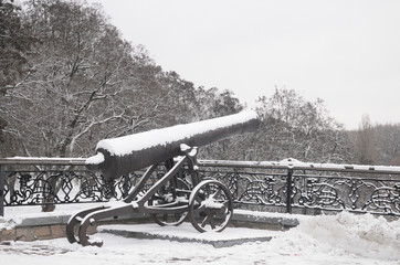 Fototapeta na wymiar old cannon in the snow