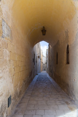 Fototapeta na wymiar doorway to an tiny and narrow street in Mdina