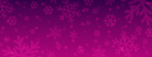 Purple christmas banner with blurred snowflakes. Merry Christmas and Happy New Year greeting banner. Horizontal new year background, headers, posters, cards, website. Vector illustration
