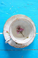 cup and flower with blue background