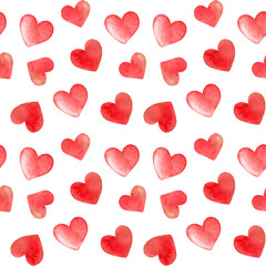 Red watercolor hearts on white background. Seamless pattern for wrapping paper, textile, fabric, wallpaper, web design. Valentine's day and wedding texture