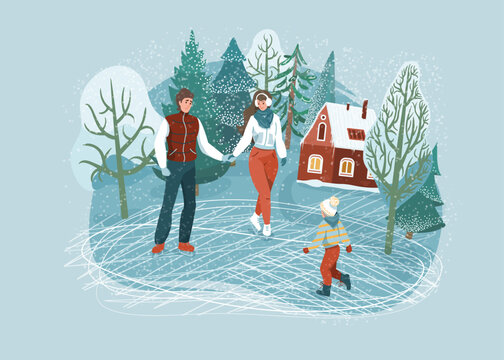 Winter family pastime. People skating at the rink. Happy man and woman holding hands. Season christmas, new year holiday vector illustration isolated on light background
