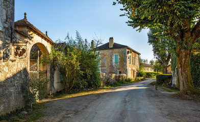 Fototapeta na wymiar village street in France with stone houses, road and trees