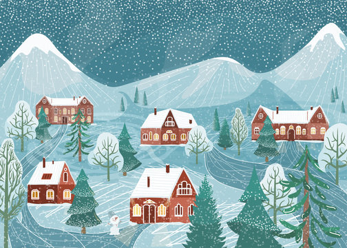 Winter landscape vector background. Nature night rustic scene with cute houses, fir tree, road, snowman, mountains. North outdoor snow village scenery