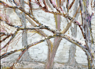 Winter landscape, hand draw, acrylic, pastel, mixed media. Abstract style. Winter forest