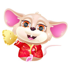 Cute sitting mouse kawaii cartoon vector character. Adorable, funny animal in national red costume and piece of gold isolated sticker, patch. Chinese New Year. Anime baby rat emoji on white background