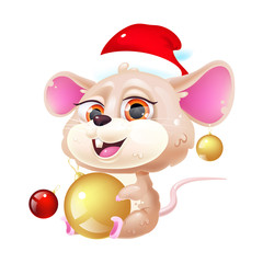 Cute mouse kawaii cartoon vector character. Symbol of 2020. Adorable and funny animal in Santa Claus hat with Christmas decorations isolated sticker, patch. Anime baby rat emoji on white background