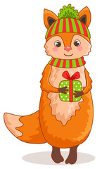 Cut fox christmas character with gift isolated.