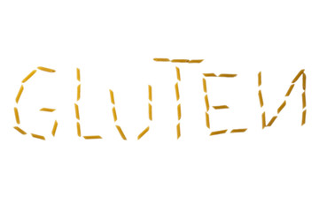 gluten word made with pasta penne isolated on white background