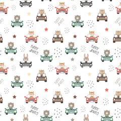 Wallpaper murals Animals in transport Seamless Patter of cute animals driving a cars in the white backdrop