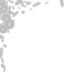 Indian rupee coins falling. Scattered black and wh