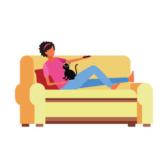 woman with a cat lying in couch