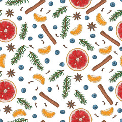 Christmas Seamless Pattern with Fruits