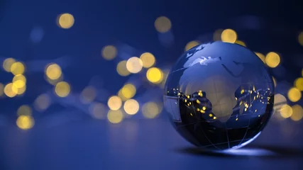 Fotobehang Afrika Glass globe sphere with africa and europe continents with golden lights and chain lights above a blue abstract background. World economy and trade 2026.  © JOE LORENZ DESIGN