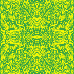 Bright sunny psychedelic trippy abstract mandala with original patterns, juicy contour green on a yellow background.