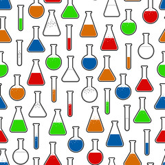 Seamless pattern with colored chemistry flasks. 