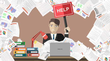 Business man with pile of paper, business concept. Flat vector illustration.