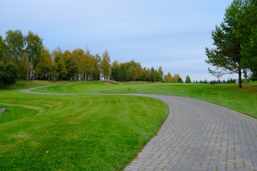 Tracks in the park with ornamental shrubs and trees on autumn day.