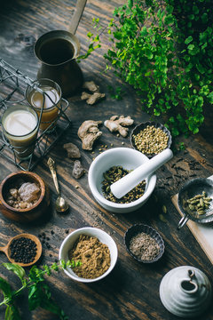 Assorted food additives in mortal and pestle