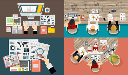 Set of flat design illustration concepts for business, finance, team work, consulting, management, anaysis, career, employment agency, staff training,money, technology,startup,creative.