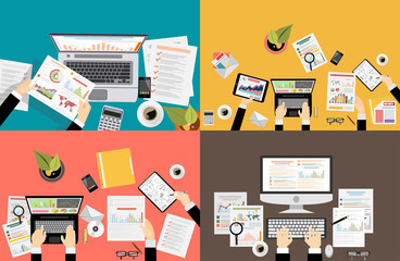 Naklejka premium Set of flat design illustration concepts for business, finance, team work, consulting, management, anaysis, career, employment agency, staff training,money, technology,startup,creative.