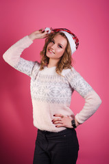 beautiful european girl with tangerines, candy. Girl and New Year.
