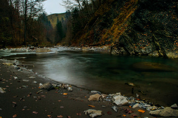 Landscape view of river in autumn winter time in Flüeli-Ranft in Switzerland at evening
