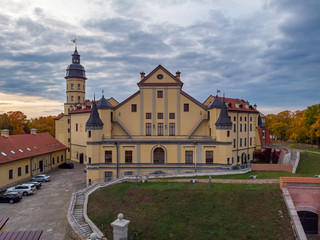 Fototapeta na wymiar The sunset over the Nesvizh Palace. Drone aerial photo