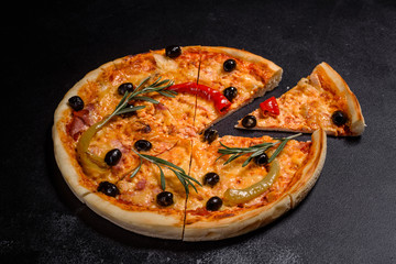 Tasty fresh hot pizza against a dark background. Pizza, food, vegetable, mushrooms