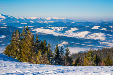Fototapeta na wymiar Beautiful mesmerizing panorama of a ski slope