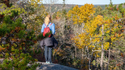 A young woman overlooking forest - beautiful north-american autumn