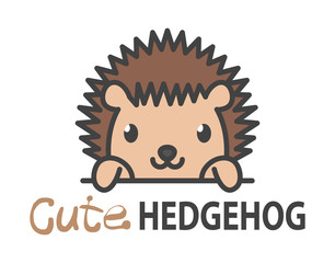 Logo template with cute curious small hedgehog. Vector logo design template for zoo, veterinary clinics, etc. Cartoon animal logo illustration.