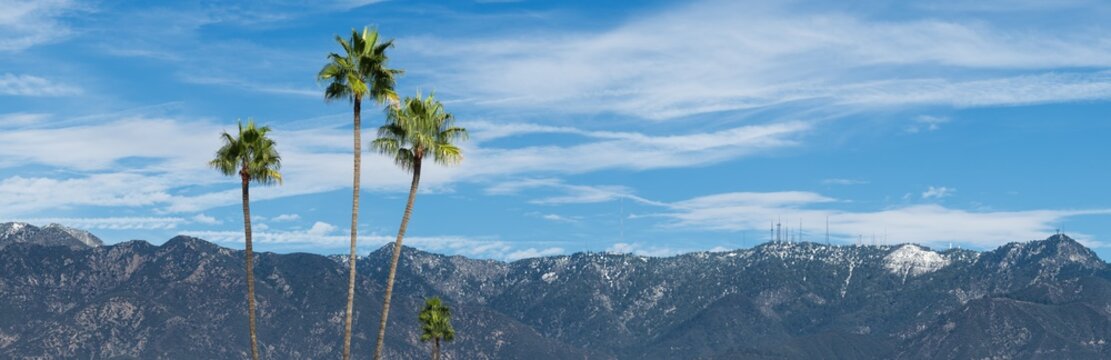 Panoramic image showing the snow-dusted San Gabriel Mountains taken from Pasadena in Los Angeles County. 