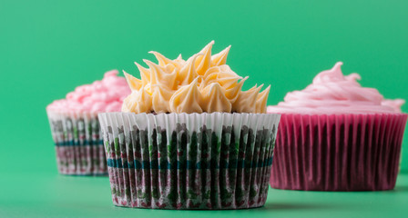 Delicious sweet chocolate and vanilla cupcake pink buttery icing, green background
