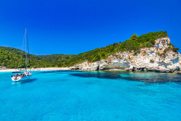 Turquoise coast of Antipaxos island near Corfu with Voutoumi beach, Greece, Europe.