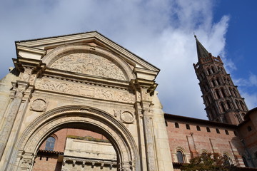 Entrance portico and Romanesque bell tower of the Basilica of Saint Sernin in Toulouse