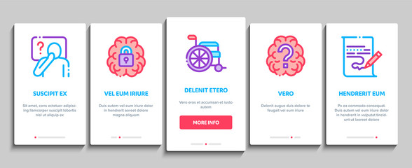 Alzheimers Disease Onboarding Mobile App Page Screen. Brain And Drugs, Wheelchair And Man Silhouette With Alzheimers Illness Concept Illustrations