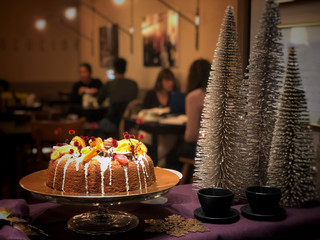 noel cake in a cafe shop decorated for new year