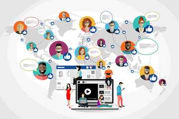 Social network web site surfing concept illustration of young people using mobile gadgets such as smartphone, tablet pc part of online community. Flat style. Vector illustration.