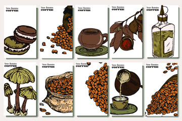 Coffee illustration set. Hand drawn vector banner. Beans, bag, cup, coffee machine,