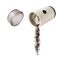 Ground powder of coffee falling from electric grinder. Ingredient for hot drink isolated on white...