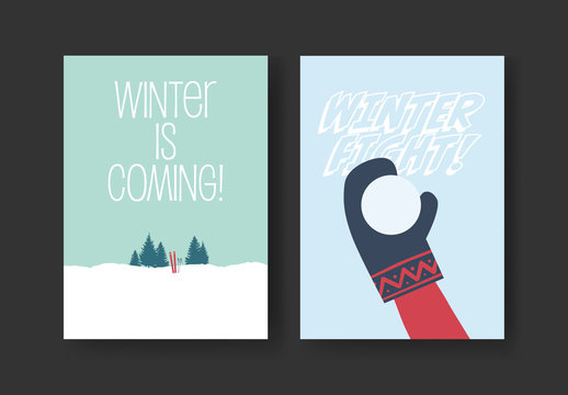 Winter Card Layout with Snow Activities Illustrations