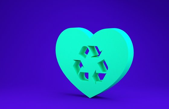 Green Eco Friendly Heart Icon Isolated On Blue Background. Heart Eco Recycle Nature Bio. Environmental Concept. Minimalism Concept. 3d Illustration 3D Render