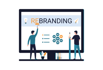 Rebranding concept. Two men create a new look for a company, product, service, manage brand reputation, change name, logo, marketing strategy. Flat vector illustration isolated on white background.