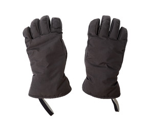 Pair of black ski gloves isolated on white background. Protective winter sport accessories